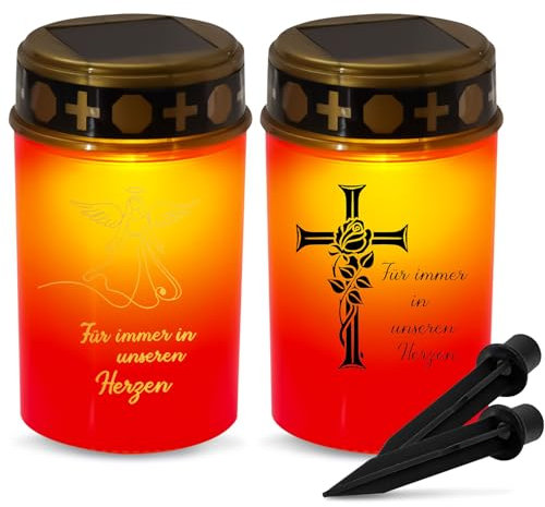FUFRE Set di 2 luci tombali solari per esterni, resistenti alle intemperie, per esterni, con picchetto, luce a LED con sensore crepuscolare, ideale per sepoltura (rosso B)