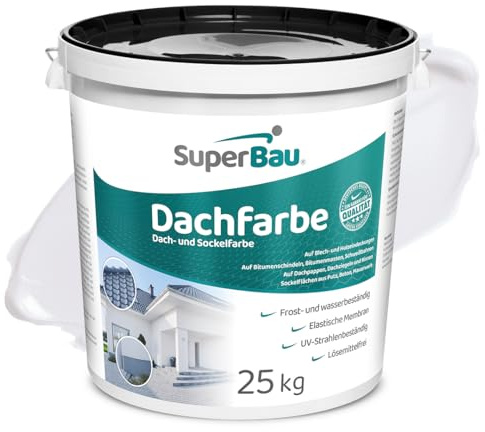 SuperBau Dachfarbe Weiß 25 kg (≈62,5m²) Wasserdicht Fassadenfarbe für Außen Dachbeschichtung für Blechdach Bitumen Dachpappe Schindeln Putz