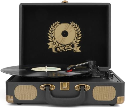 Mersoco Lecteur de disques vinyles Bluetooth 3 Vitesses Portable Classique, Sortie numérique USB, Vinyle numérique vers MP3, Haut-parleurs intégrés, RCA Line Out AUX sur Prise Casque Classique, Noir