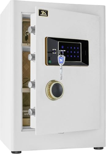 58L Large Digital Home Safe, 60 lb Heavy-Duty Safe Box with Key and Touchscreen Keypad, Dual Alarm, Inner Lock Box and Removable Shelf for Money, Documents and Jewellery, White