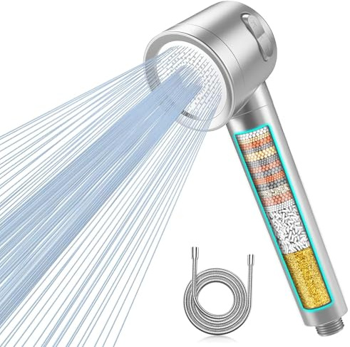 MEKO High Pressure Filter Shower Head for Hard Water UK,1.5m Hose,3 Modes | Power handheld Shower Head with Massage Brush,Water Saving,15 Stage Shower Filter for Residual Chlorine Removal,Silver