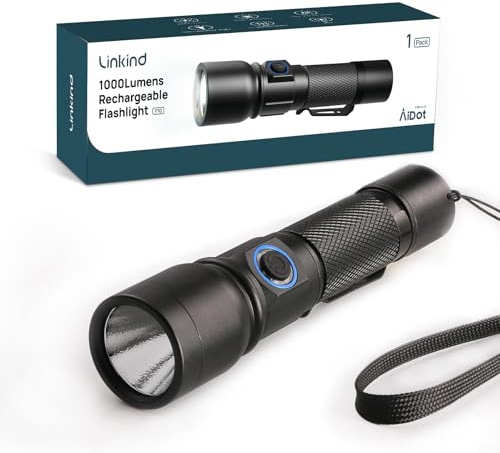 Linkind Taschenlampe LED wiederaufladbar, 7 Modi mit Taktischer Bedienung, 15000 LUX Alu-Handlampe mit Seitenclip & Trageband, USB-C, Speicherfunktion, IP44 für Camping, Notfall, Reparatur