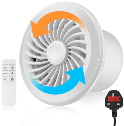 4-inch Reversible Bathroom Extractor Fan, Ø 100mm Extractor Fan with UK plug, 3-speed & Remote Control, Two-way Exhaust Fan Airflow 130 m³/Hour, Wall Mounted Shower Fan for Bathroom Wall Ceiling