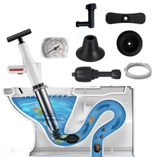 Hochdruck Abflussreiniger Set,Hochdruck Abflussreiniger Pumpe mit Luftdruckanzeige,Druckluftpumpe mit 4 Aufsätzen,Universal Rohrreiniger für Toilette, Waschbecken und Dusche