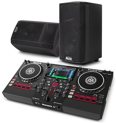 Numark Mixstream Pro+ DJ Controller and ALTO TX410 Powered PA Speakers Pair for Live Music, DJ sets, Events, Music production
