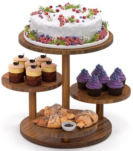 RATSTONE Présentoir à Cupcakes En Bois à 4 Niveaux,Support à Dessert,Presentoir a Gateau En Bois,Pour Fête d'Anniversaire,Mariage,Fête Prénatale,Fête à La Maison(Marron,Rond)