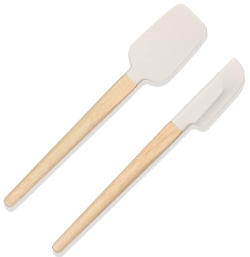 Lot de 2 spatules en silicone - Petites spatules étroites - Avec manche en bois - Petites spatules étroites - En silicone - Cuillère de cuisine antiadhésive - Pour verres, mixeurs, cuisson, pâtisserie