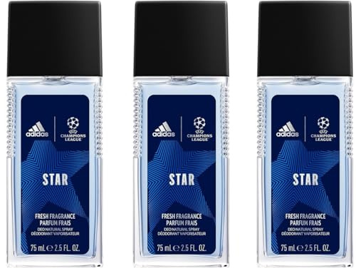3x adidas UEFA Champions League STAR Deo Natural spray Zerstäuber Mit ätherischem Orange & Eukalyptus Aromatischer Herrenduft, Schutz gegen starkes Schwitzen und Körpergeruch 75ml (3er Pack)