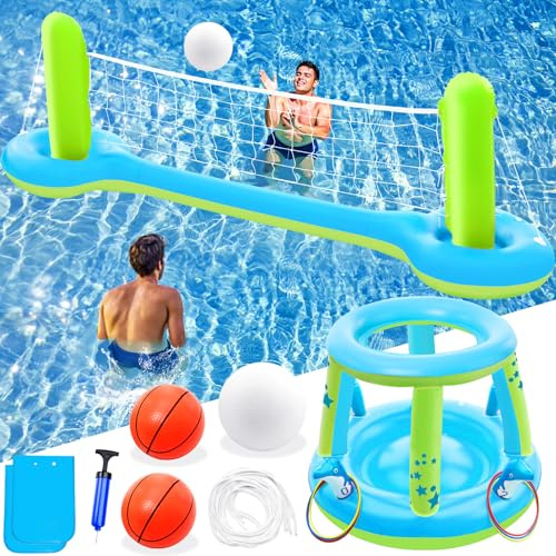 Jasonwell Pool Toys Games Set - 3 in 1 Pool Volleyball Net Basketball Hoop Ring Toss Game Inflatable Floats Water Floating Volleyball Swimming Pools Games Party Gift for Kids Adults (Blue&Yellow, XL)