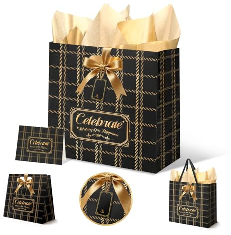 Nicrolandee Geburtstagstüten für Männer 13 Schwarz-Gold Geschenktüten | Geschenktüten mit Griffen, Seidenpapiere, Grußkarte und Geschenkanhänger, Geschenktüten für den Abschluss, Neujahr, Ruhestand