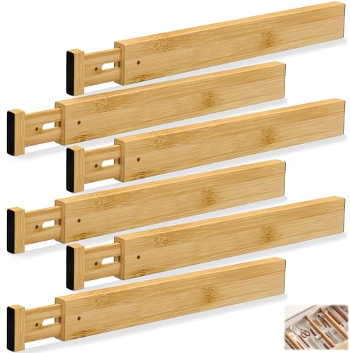 KATLKIU 6 Pack Adjustable Bamboo Drawer Dividers, Expandable 32.5–43 cm Spring Loaded Drawer Organiser Separators, No Tools Required Kitchen Cutlery Organisers for Bedroom, Office
