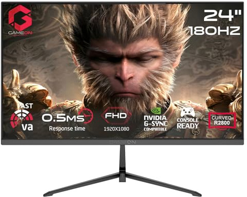 GAMEON GC24F180VA Pro Series 24 R2800 monitor curvo da gaming, FHD 1920 x 1080, 144Hz OC a 180Hz, 0.5ms MPRT, Fast VA, HDMI 2.1, DP 1.4, HDR, FreeSync, altoparlanti integrati, VESA 75x75, nero
