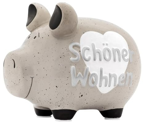 DEKO IM TREND Schöner Wohnen Sparschwein aus Keramik - Dekorative Spardose Mittel groß mit Herz für Geldgeschenke zum Einzug, Umzug & Richtfest - Grau Weiß, 17x15x15 cm