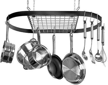 Kinetic Pot and Pan Rack with Ceiling Hooks - Premium Oval Mounted Oragnizer Rack with Multi Purpose Kitchen Organization and Storage for Home, Restaurant, Cookware, Utensils (Hanging Black)