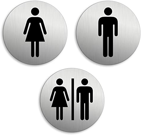 Targhetta per Porta - Toilette WC Donne Uomini Set di 3 Targa Ø 75 mm Alluminio spazzolato auto-adhesiva