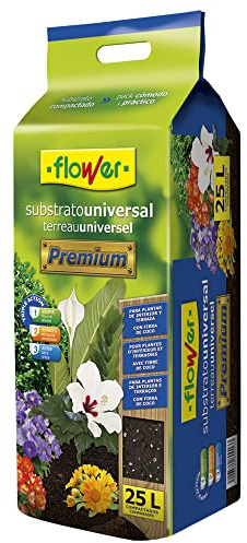 Flower - Substrato Universal Premium 25L | para Plantas de Interior y Terraza | Enriquecido con Fibra de Coco y Perlita | Abona, Enraíza, Airea, Marrón, 20x18x39 cm, Sustrato