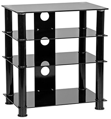 MMT Furniture Designs Record Player Stand Hi-Fi Unit - Black Glass TV Stand Cabinet with 4 Shelves, 650cm Tall - Elegant Hi-Fi Stand for Record Player, AV Rack, and Media Equipment