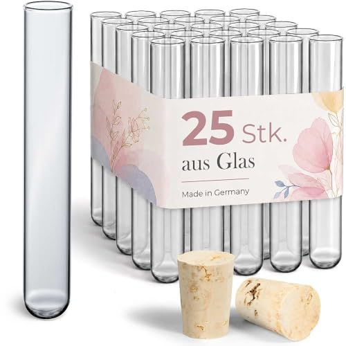 Tuuters Glas Reagenzglas 25 Stück (140 x 16mm) mit Natur-Korken Basteln DIY | Transparente Reagenzgläser, 14cm hoch, 1,6cm breit, mit Verschluss für Deko, Gastgeschenk, Feier, Hochzeit, Mandeln, Gewürze