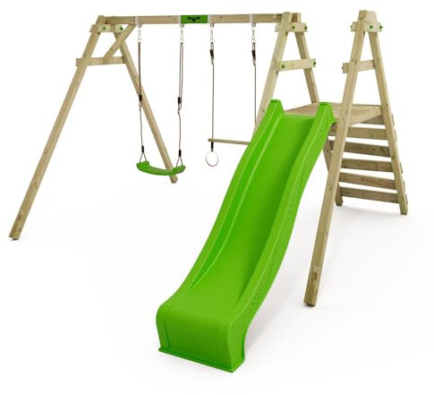 FATMOOSE Kinderschaukel Schaukelgestell JollyJack - Doppelschaukel mit apfelgrüner Rutsche und Kletteranbau, Schaukelgerüst, Holzschaukel für Kinder im Garten