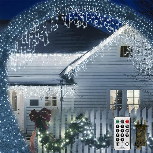 Outdoor Curtain Lights 10M 400 LED Backdrop Window Light Fairy Lights String Mains Powered Outside Roof Lights Waterproof Connectable with Remote,Timer,8 Modes for Gazebo,Eaves(White)