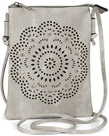 styleBREAKER Mini sac à bandoulière pour femme avec motif découpé au laser et strass, Pochette pour téléphone portable, sac à main 02012367, couleur:Gris clair