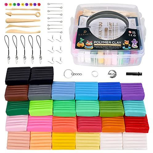 Darhey Polymer Clay Set of 26 Colors Multicolour Nontoxic Soft Modelling Clay for Kids with 5pcs Clay Sculpting Tools, 33 Accessories, User Manual and Storage Box - Premium DIY Gift