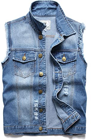JUDIGODR Denim väst män ärmlös smal passform retro rippad vardaglig jeansväst för män, BLÅ, XL