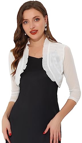 Allegra K Ruffle Shrug para Mujer Ver a través de Mangas 3/4 Frente Abierto Malla Crop Bolero Cardigan Blanco XS