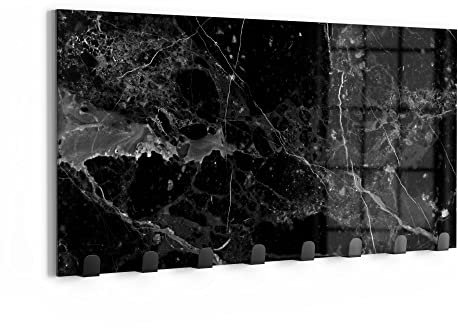 DEQORI Wandgarderobe Glas & Metall | Motiv Marmorplatte nah | 60x30 cm | Design Haken-Leiste modern | Garderoben-Paneel für Flur, Wohnzimmer & Schlafzimmer | magnetisch & beschreibbar