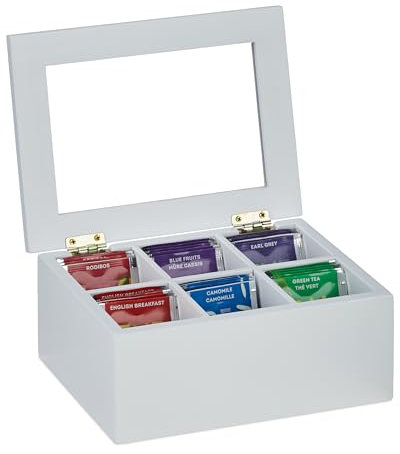 Relaxdays Bianca Scatola Porta tè e Tisane, 6 Scomparti per Capsule caffè, Cofanetto con Coperchio, 9x21,5x16 cm, bambù