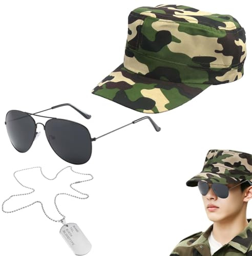 dinghaole 3 Pieces Army Fancy Dress Set - Soldier Aviators Military Cosplay Pilot Costume with Camouflage Hat, Sunglasses & Dog Tag for Adults. Perfect for Cosplay, Halloween Party.