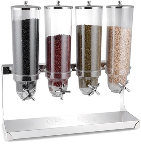 Dry Food Dispenser, Countertop Cereal Dispenser with PC Barrel and Stainless Steel Base, Cereal Containers Storage Dispenser for Rice, Candy, Bean, Nuts (Silver), Four