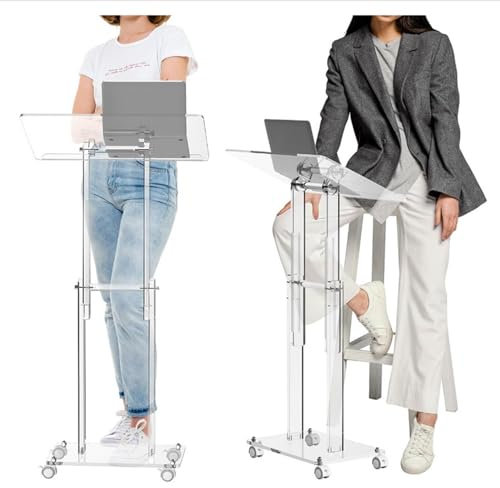 Acryl PodiumstäNder, Transparente Pulpits für Kirchen mit GroßEr Neigbar Leseplattform, Mobiles Stehpult mit 4 Rollenden RäDern, Acryl Rednerpult Podien mit Geneigtem Desktop