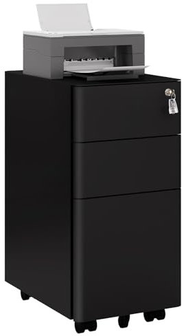 WOLTU Rollcontainer, Aktenschrank abschließbar, Büroschrank Rollschrank, Schrank mit 3 Schubladen 5 Rollen Hängeregistratur, Bürocontainer für A4 Legal Letter, 30x60x45 cm, Schwarz, ASK10sz