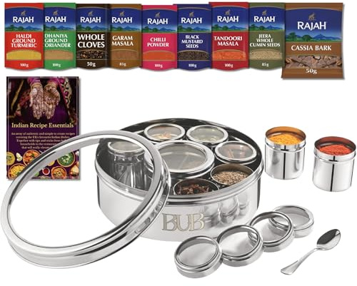 Bub Large Masala Dabba Spice Tin Gift Set | Premium Stainless Steel Spice Tin 9 Pots & 9 Rajah Spices, Recipe Book