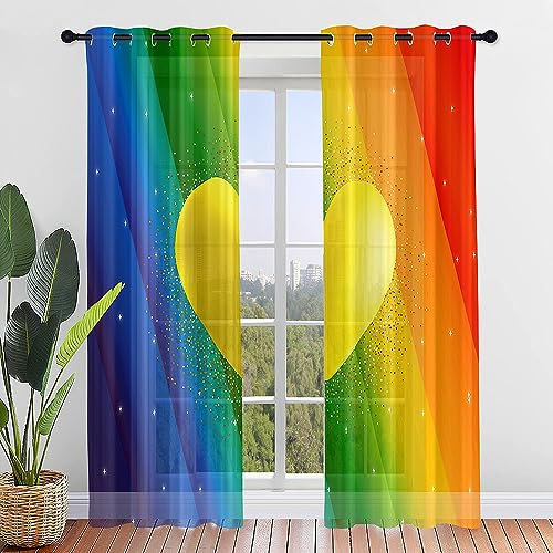 ENEN 2er Set Scheibengardinen 3D Regenbogen Halbtransparent Bistrogardine, Schlaufengardinen Gardinen Küche, Türgardine für Küche Wohnzimmer Landhaus (140x213cm,Gelbes Herz)