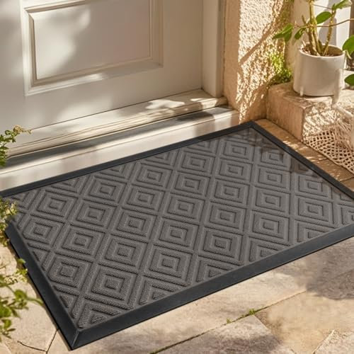 LEKEEPGO Fußmatte Innen und Außen 43x75cm, rutschfeste Fußmatte Outdoor, Fussmatte Aussen Gummi, Schmutzfangmatte Waschbar, Fussmatten Haustür, Fußabtreter Außen Drainage, Grau