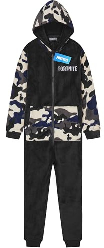 Get Trend Fortnite Pijama Entero Niños Adolescentes Ropa de Dormir con Cremallera Pijamas Polares Todo en Uno Regalos Niños (14-15 Años, Negro Camo Fortnite)