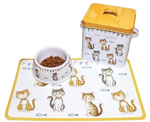 Darthome Faithful Friends Cat Bowl Placemat & Treats Tin Set Animal Food Storage Feeding