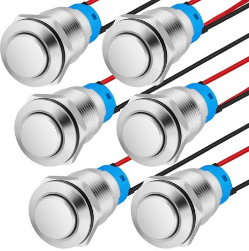 HOTUT 6 Stück Druckschalter,12mm Verriegelung Druckschalter, Metall wasserdichte Taste,Hervorstehend Druckschalter mit Draht(Hervorstehend)