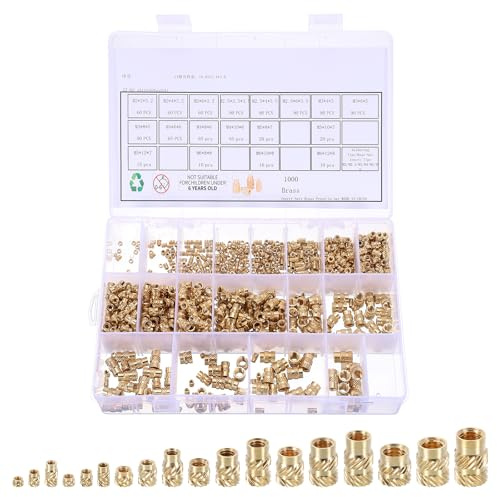 sourcing map Assortiment de 1000 écrous moletés M2 M2,5 M3 M4 M5 M6 en laiton pour impression 3D, écrous filetés femelles avec embouts d'insertion thermique