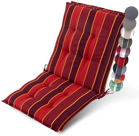 Beautissu 2er Set Premium Niedriglehner Auflage Gartenstuhl Polster | 100x50cm Rot Gestreift 8cm Dick rutschfest Befestigungsbänder UV-Lichtechtheit 5 Robust Stoff Gartenstuhlauflage Sun-NL
