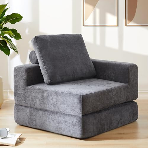 Jamdok 20cm Thick Convertible Folding Sofa Bed,Single Guest Sleeper with L-Shaped Armrest,Freestanding Chair for Living Room,Bedroom,Office,Apartment,Dark Grey(1, Left-Armrest)