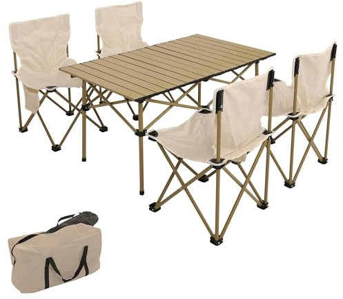Set da campeggio HWC-N50, tavolo pieghevole 4x sedie pieghevoli sedia da pesca, con borsa, metallo - bianco