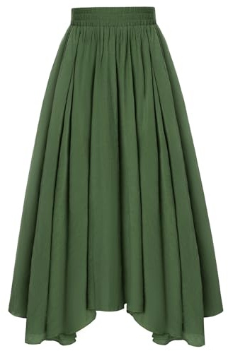 Damen Maxirock Hohe Taille mit Taschen Spitzer Saum Cosplay Renaissance Langer Rock Armeegrün XL