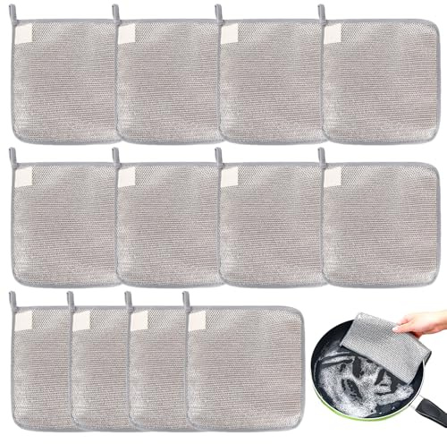 VEGCOO 12 Pcs Paños de Limpieza Tres Capas, Paños de Cocina Alambre Reutilizables para Limpieza Profunda, Estropajos Multiusos Sin Rayar para Cocina, Platos, Fregaderos y Placas de Cocina(12)