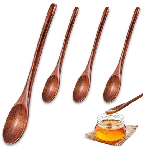 Tyqour Lot de 4 cuillères à soupe en bois - 22 cm - Longue cuillère en bois - Manche long - Cuillère à miel naturelle - Cuillères à épices en bois - Cuillères à café longues pour café, miel, thé