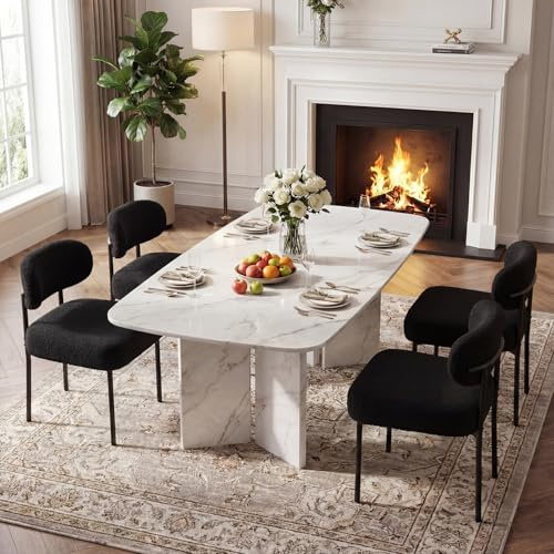 TIMSATIO Dining Chairs, Black Boucle Dining Chairs, Kitchen Dining Room Chairs Curved Backrest Comfortable Upholstered Mid Century Modern for Dining Room Decor (4, Black)