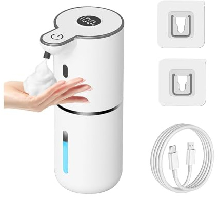 Automatic Soap Dispenser, 380ml Large Capacity, USB-C Rechargeable Touchless Hand Soap Dispenser, 6-Level Adjustable, Battery Display, IPX5 Waterproof for Bathroom, Kitchen, Hotel, Hospital (White)