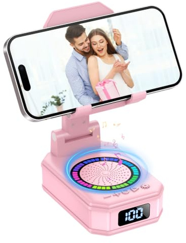 Gift for Men Women, Valentines Gifts, Phone Stand with Bluetooth Speaker, Anti-Slip Base, 4-in-1 Design with RGB, Foldable Phone Charger Stand with Wireless Speaker, Tech Gadget for Friends/Parents